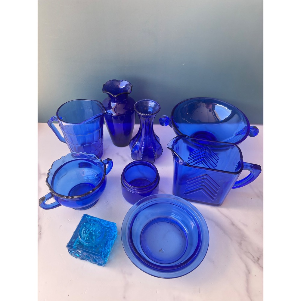 Vintage Cobalt Blue Glass Collection 9pc Set Art Deco Pitcher Vases Bowls Aqua